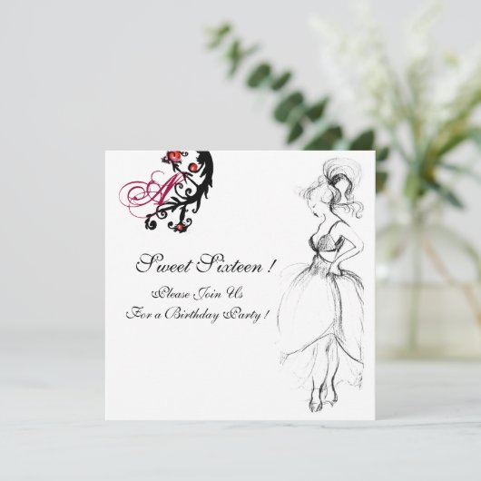 SWEET 16 PARTY MONOGRAM, Red Black White Birthday Kaart (Staand voorkant)