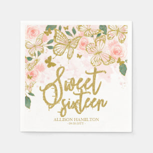 Sweet 16 Party Napkins Blush Pink Butterfly Floral Servet