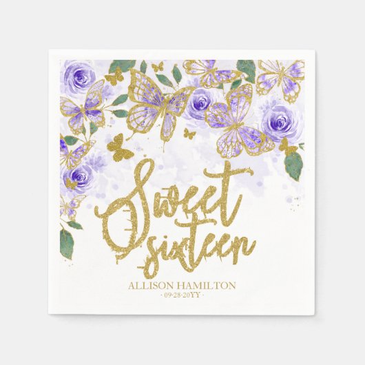 Sweet 16 Party Napkins Paarse Butterfly Floral Servet (Voorkant)