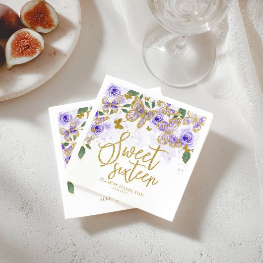 Sweet 16 Party Napkins Paarse Butterfly Floral Servet