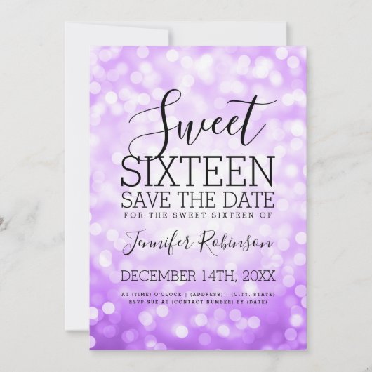 Sweet 16 Party Paarse Glitter Lights Save The Date (Voorkant)