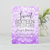 Sweet 16 Party Paarse Glitter Lights Save The Date (Staand voorkant)