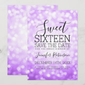 Sweet 16 Party Paarse Glitter Lights Save The Date (Voorkant / Achterkant)