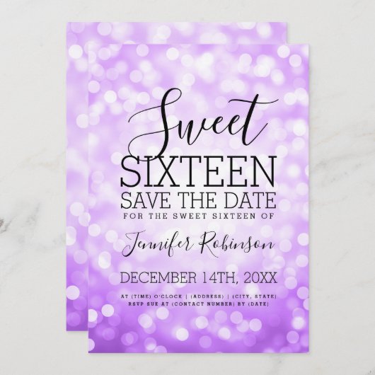 Sweet 16 Party Paarse Glitter Lights Save The Date (Voorkant / Achterkant)