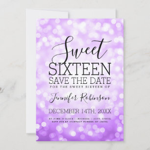 Sweet 16 Party Paarse Glitter Lights Save The Date