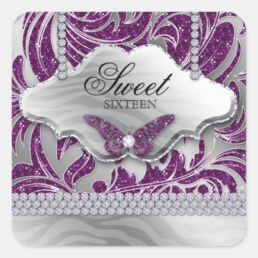 Sweet 16 Party Paarse juwelenvlinder Vierkante Sticker (Voorkant)
