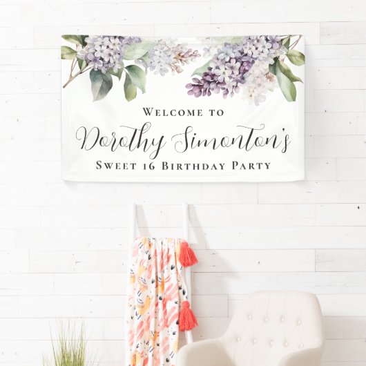 Sweet 16 Party Paarse Lila lentebloem Welkom Spandoek (Insitu)