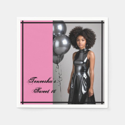 Sweet 16 Party Papier servet Roze Zwart (Voorkant)