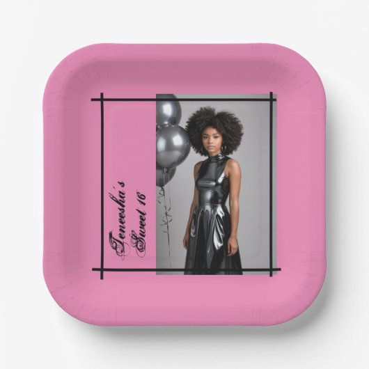Sweet 16 Party Papier servet Roze Zwart Papieren Bordje (Voorkant)