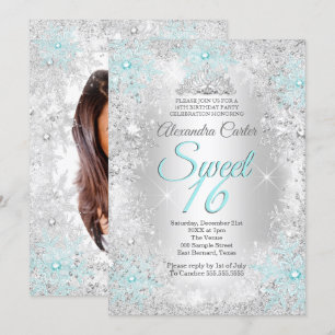 Sweet 16 Party Photo Silver Blauwgroen blue Snowfl Kaart