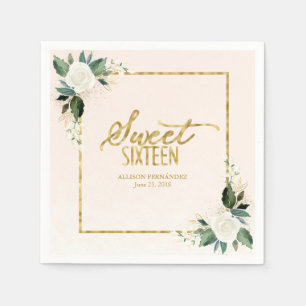 Sweet 16 Party Pink Gold Foil Floral Napkins Servet