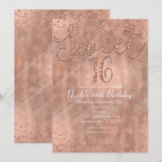 Sweet 16 Party Pink Rose Gold Glamour Uitnodiginge Kaart (Voorkant / Achterkant)