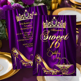 Sweet 16 Party Purple Tiara High heel Purse Gold Kaart