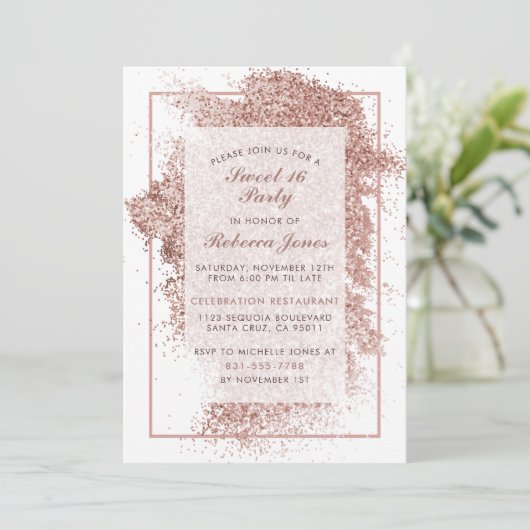 Sweet 16 Party Roos Gold Glitter & Elegant Script Kaart (Staand voorkant)