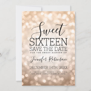 Sweet 16 party Roos Gold Glitter Lights Save The Date