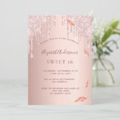 Sweet 16 party roos gouden roze druppels kaart (Staand voorkant)
