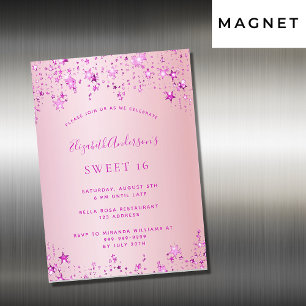 Sweet 16 party roze sterren magnetuitnodiging magnetische uitnodiging