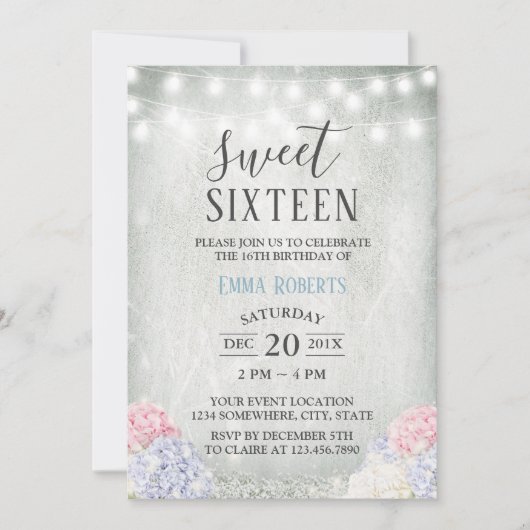 Sweet 16 Party Rustic Hydrangeas Elegant Floral Kaart (Voorkant)