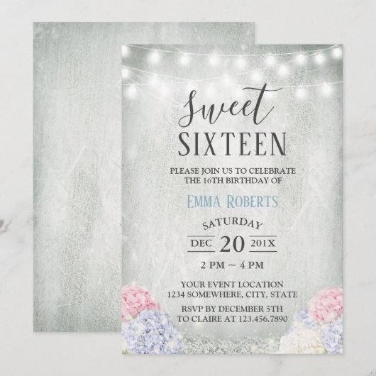 Sweet 16 Party Rustic Hydrangeas Elegant Floral Kaart (Voorkant / Achterkant)