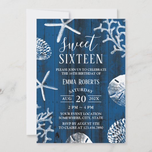 Sweet 16 Party Rustic Navy Blue Beach Starfish Kaart (Voorkant)