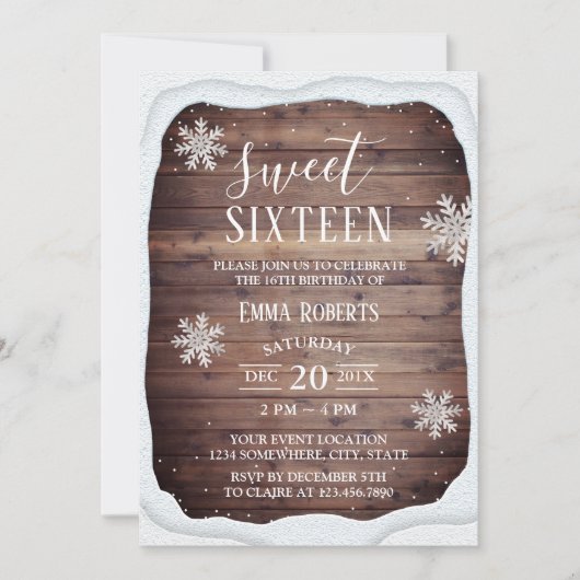 Sweet 16 Party Rustic Winter Snow Lijst Snowflakes Kaart (Voorkant)