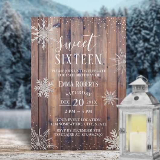 Sweet 16 Party Rustic Winter Snowflakes Barn Wood Kaart