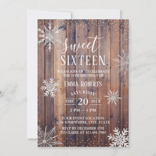 Sweet 16 Party Rustic Winter Snowflakes Barn Wood Kaart (Voorkant)