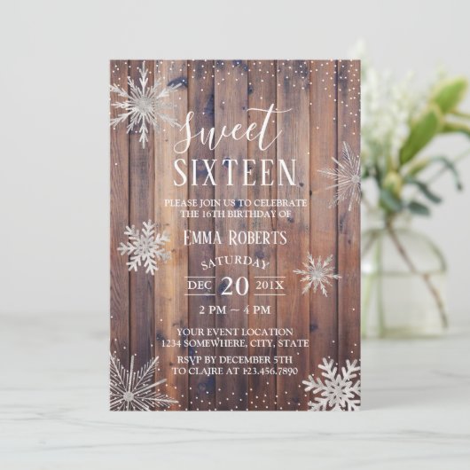 Sweet 16 Party Rustic Winter Snowflakes Barn Wood Kaart (Staand voorkant)