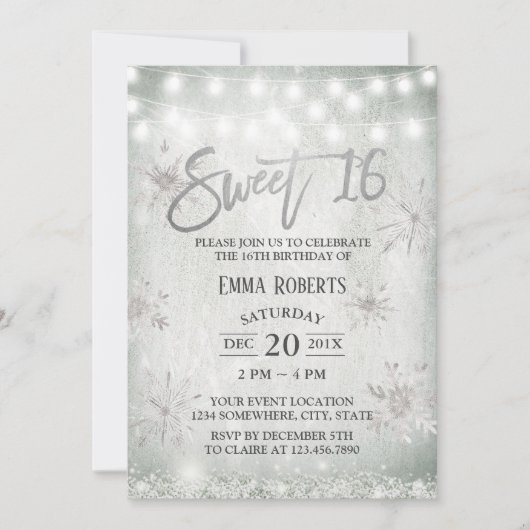 Sweet 16 Party Rustic Winter Snowflakes Kaart (Voorkant)