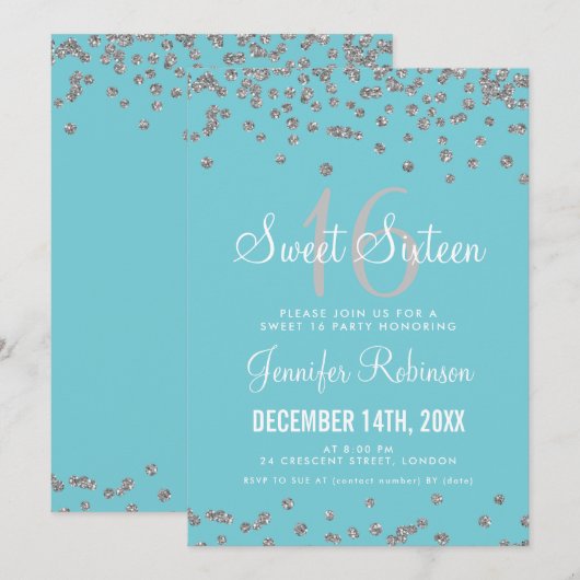 Sweet 16 Party Silver & Blue Glitter Confetti Kaart (Voorkant / Achterkant)