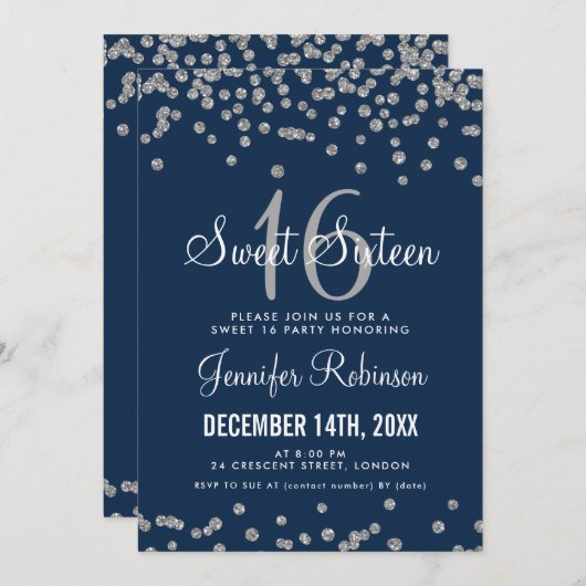 Sweet 16-party Silver & Navy Glitter Confetti Kaart (Voorkant / Achterkant)