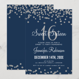 Sweet 16-party Silver & Navy Glitter Confetti Kaart