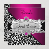 Sweet 16 Party Silver Pink Black White Leopard Kaart (Voorkant / Achterkant)