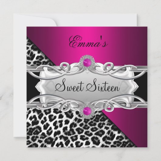 Sweet 16 Party Silver Pink Black White Leopard Kaart (Voorkant)