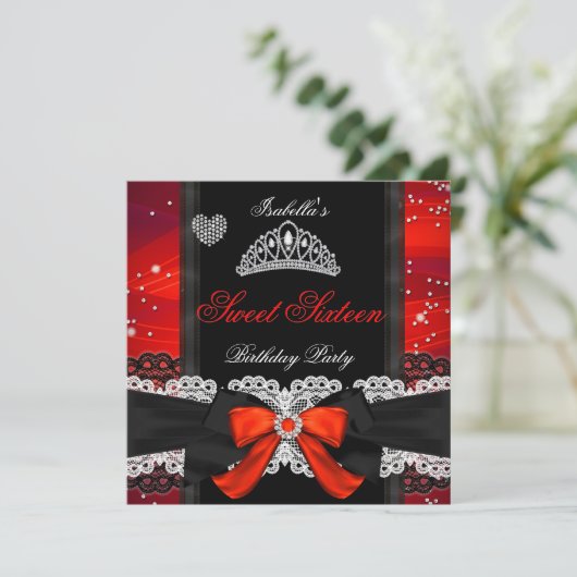 Sweet 16 Party Sweet Sixteen Glitter Red Bow Kaart (Staand voorkant)