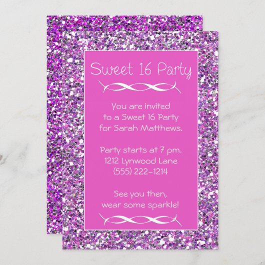 Sweet 16 Party uitnodiging Roze Zilver Sparkle Loo (Voorkant / Achterkant)