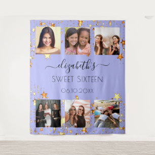 Sweet 16-party violet gouden fotocollage wandkleed