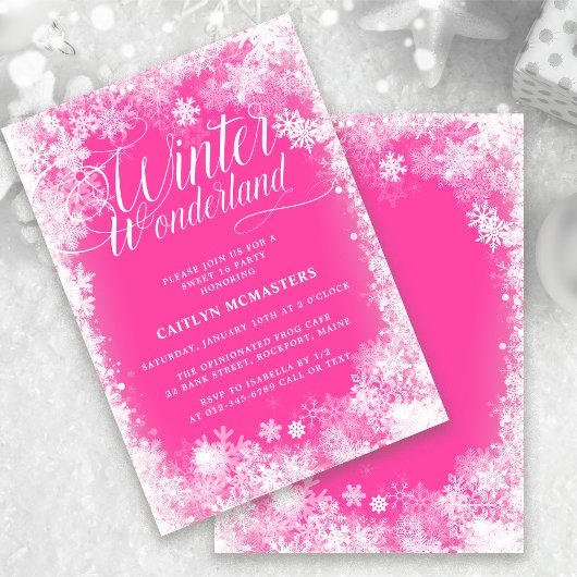 Sweet 16 Party Winter Wonderland Sneeuwvlok Roze Kaart