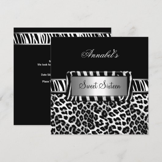 Sweet 16 Party Zebra Black White Leopard Kaart (Voorkant / Achterkant)