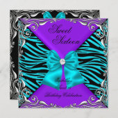 Sweet 16 Party Zebra Paars Blauwgroen Diamond Bow Kaart (Voorkant / Achterkant)