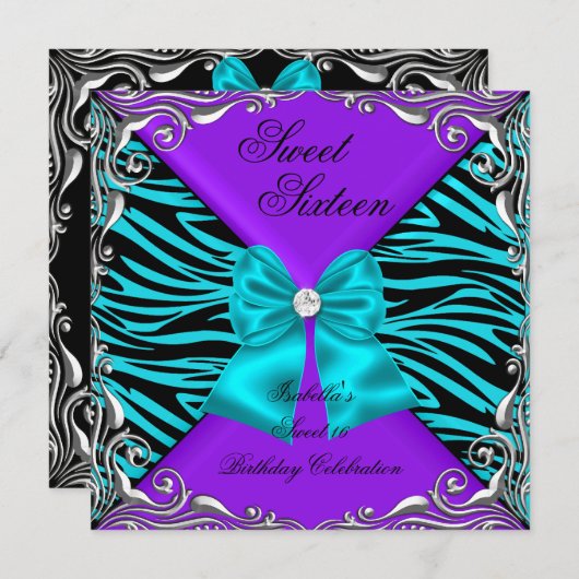 Sweet 16 Party Zebra Paars Blauwgroen Diamond Bow Kaart (Voorkant / Achterkant)