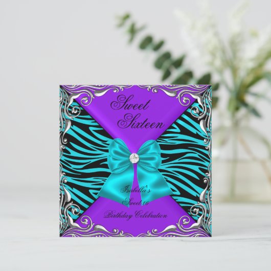 Sweet 16 Party Zebra Paars Blauwgroen Diamond Bow Kaart (Staand voorkant)