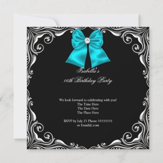 Sweet 16 Party Zebra Paars Blauwgroen Diamond Bow Kaart (Achterkant)