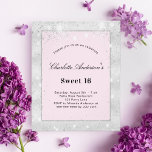 Sweet 16-party zilverkleurige roze glitter budget flyer<br><div class="desc">Let op: deze uitnodiging is op flyer paper en erg dun. Enveloppen zijn niet inbegrepen. Ga naar onze winkel voor nog meer dikkere uitnodigingen (hetzelfde ontwerp). Faux zilver met metalen en zwarte roze achtergrond versierd met faux zilverglitter stof. Pas een naam en partijdetails aan en voeg deze toe. Zwart gekleurd,...</div>