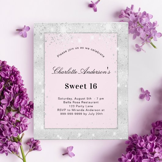 Sweet 16-party zilverkleurige roze glitter budget flyer