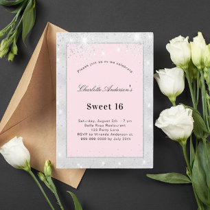 Sweet 16 party zilverkleurige roze glitter kaart