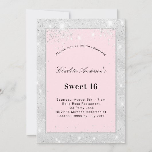 Sweet 16 party zilverkleurige roze glitter kaart (Voorkant)