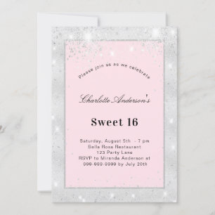 Sweet 16 party zilverkleurige roze glitter kaart