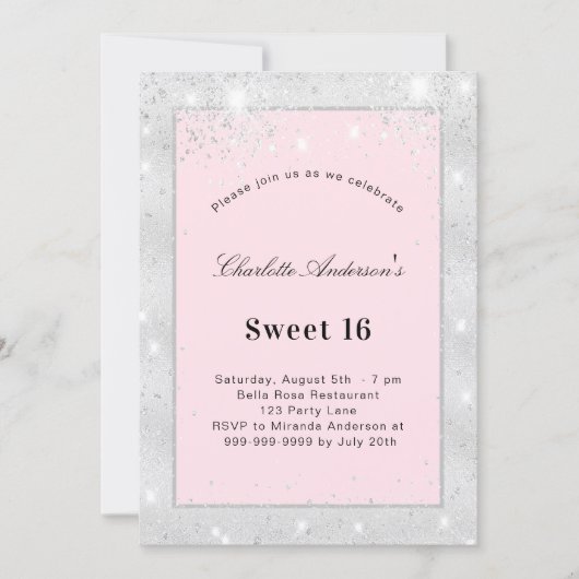 Sweet 16 party zilverkleurige roze glitter kaart (Voorkant)
