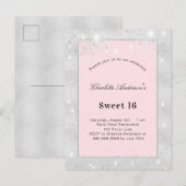 Sweet 16 party zilverkleurige roze glitter uitnodiging briefkaart (Voorkant / Achterkant)